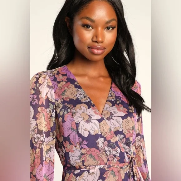NWOT Lulus Feeling Sweet Purple Floral Print Long Sleeve Wrap Maxi Dress - Picture 11 of 12